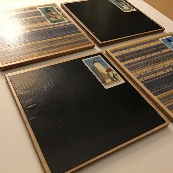 Lighthouse Coasters, 4 pack, Real Postage Stamp Wood Coaster Set with Cork Backi - Picture 3 of 10